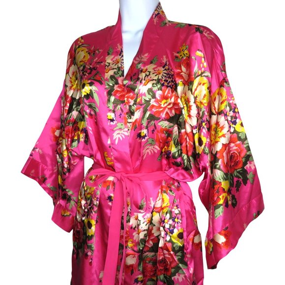 New Ms Lovely Hot Pink Floral Satin Kimono Robe M/L Knee Length Pockets Belted - Picture 3 of 16